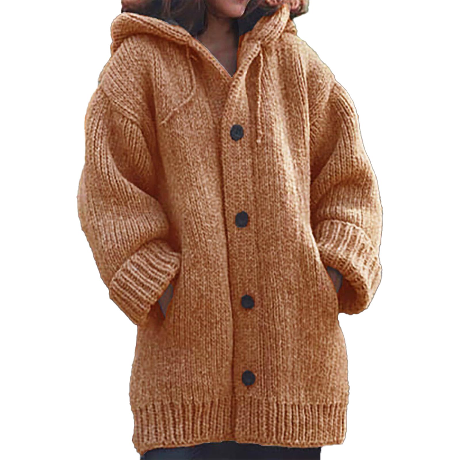 Womens Chunky Button Down Knitted Cardigan Coats Winter Drawstring Thick Sweater Hoodies with Pockets
