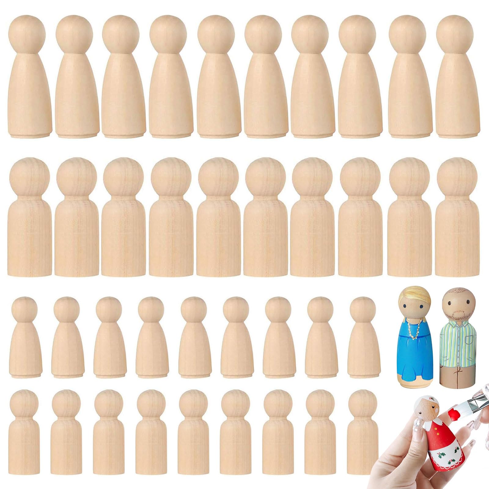 40Pcs Wooden Peg Dolls, 35mm/65mm Unfinished Plain Doll Bodies, Wooden People Figures