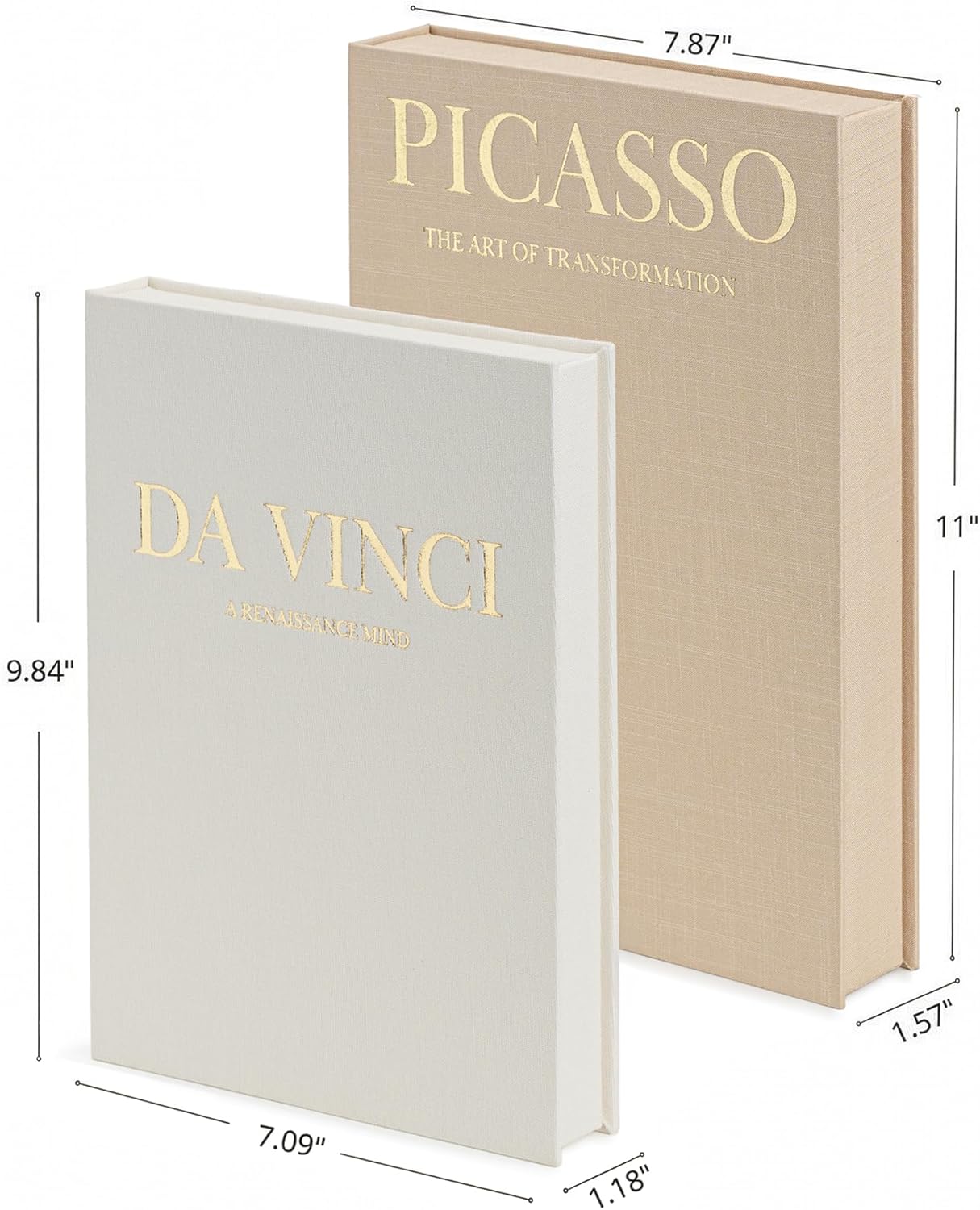 Decorative Storage Books Set (2) – Premium Linen Coffee Table Decor – Neutral Taupe & Beige – Da Vinci & Picasso Hidden Book Storage Box