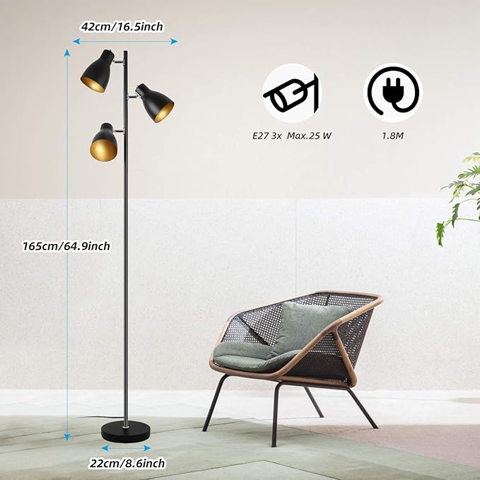 Eusamxon Eusamxon 3 Lichten Staande lamp Draaibaar voor Woonkamer, Retro Industriële Vloerlamp Zwart -Gouden Verstelbare Staande Leesvloerlampen|E27 Socket Max. 25W*3 | 166cm photo 2