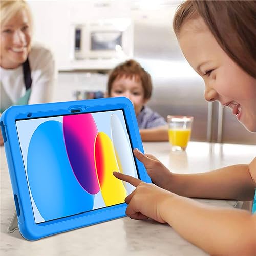 Miniatura 7 de TIRIN Funda infantil para iPad de 10 generación 2022, iPad de 10.9 pulgadas con protector de pantalla integrado, soporte giratorio de correa de mano