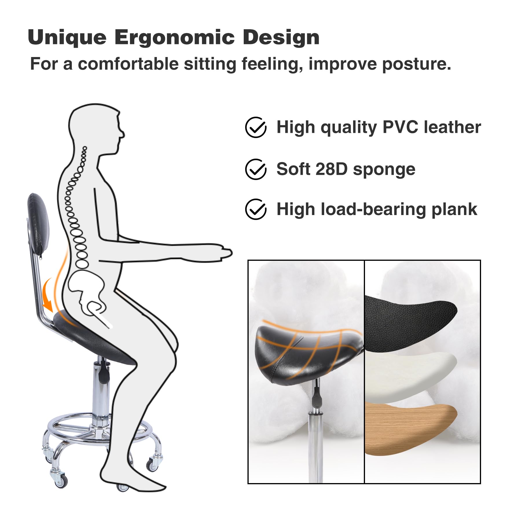 REDCAMP Sattelhocker mit Rollen & Rückenlehne | Ergonomischer Bürohocker 360° Drehbar | Höhenverstellbar (50-66 cm) | 180kg Traglast | Silent-Rollen für Küche Massage Büro | Schwarz