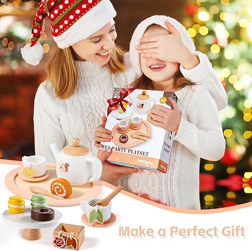 Miniatura 7 de Juego de té de madera para niñas pequeñas, juego de 19 piezas para fiesta de té con tetera, tazas de té, soporte de postre, macarrones, pasteles y