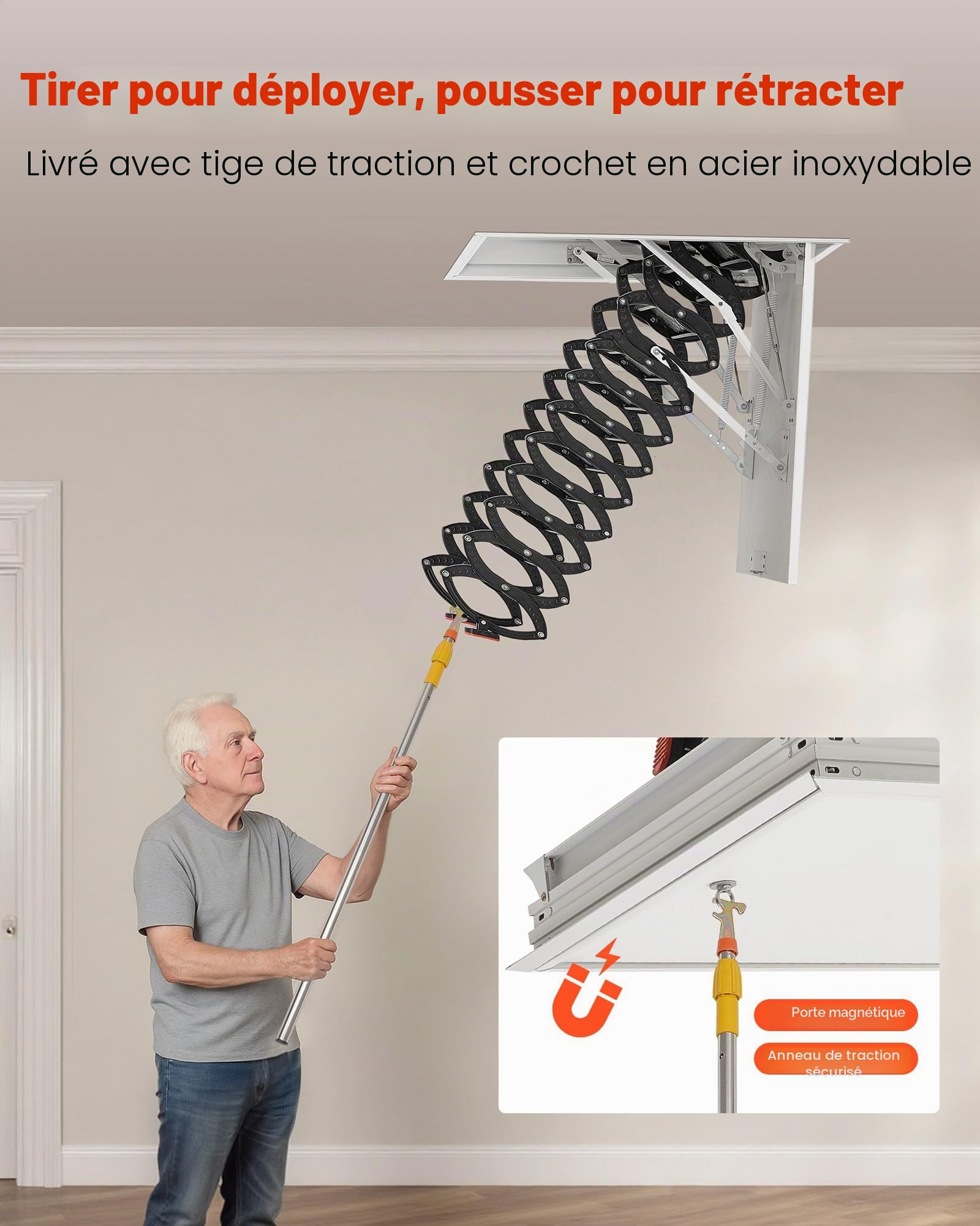 VEVOR Échelle de Grenier, Charge 299,4 kg, Escalier de Grenier Escamotable, Hauteur Installation 2,9-3,1 m, Ouverture 1000,76x698,5 mm, Tige de Traction, Échelle Rétractable Acier pour Accès Greniers