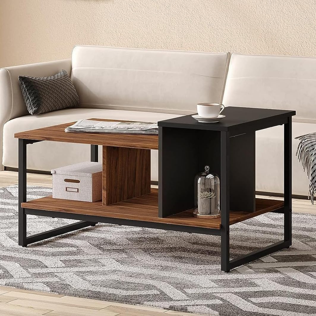 Wood Coffee Table with 2Tier Staggered Shelves, Modern