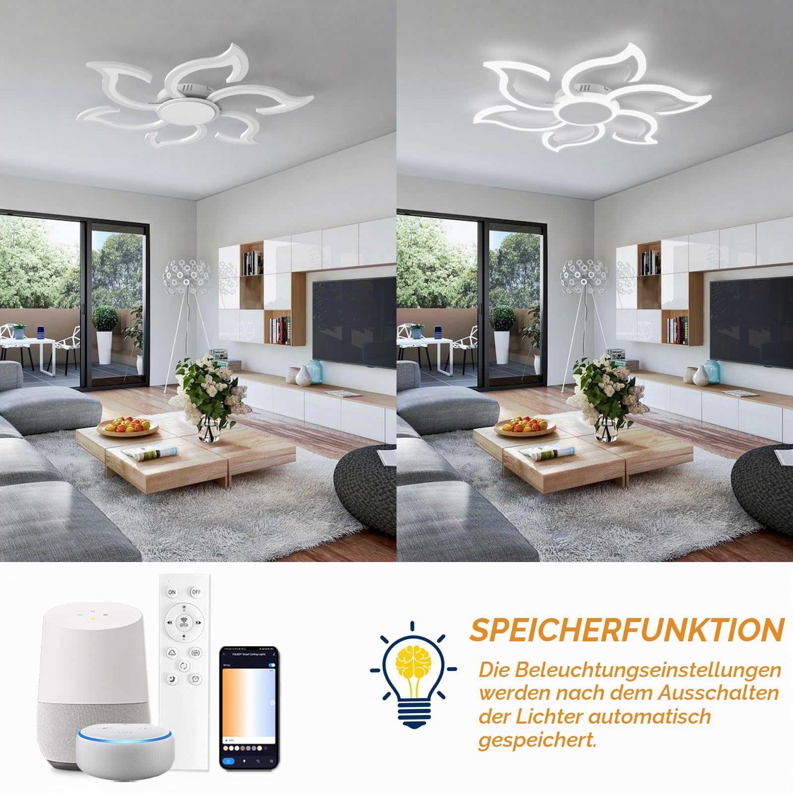 Smart WiFi Wohnzimmer Lampe Decke Kompatibel für Alexa & Google Home, Φ88cm Schlafzimmerlampe Modernes Blumen Design, Dimmbar, Speicherfunktion, Led Deckenleuchte für Schlafzimmer, Weiß