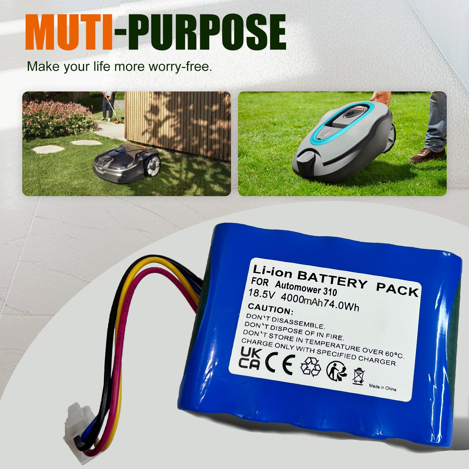 18,5V 4,0Ah Akku für Gardena Sileno R100Li,R130Li,R160Li,Kompatible mit Husqvarna Automower(2015-2018) 310,315,584 85 28-02,Ersatz Mähroboter Akku für 5848228-01,5848228-02,5848528-01,5895862-01