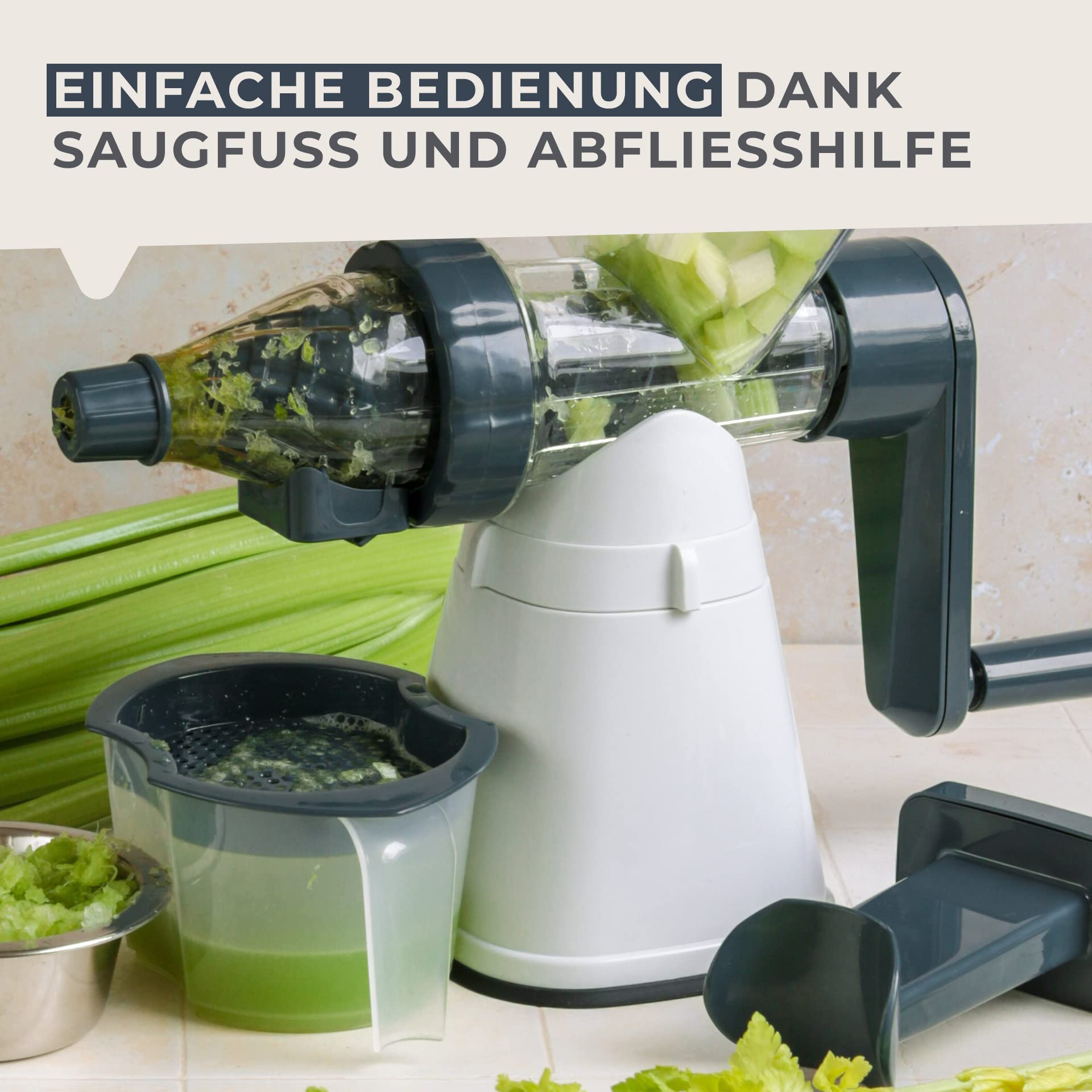 Fackelmann #easyprepare Saftpresse für Obst und Gemüse – Fruchtsaftpresse zum einfachen Entsaften – Manueller Entsafter inklusive Behälter mit Sieb (400 ml)