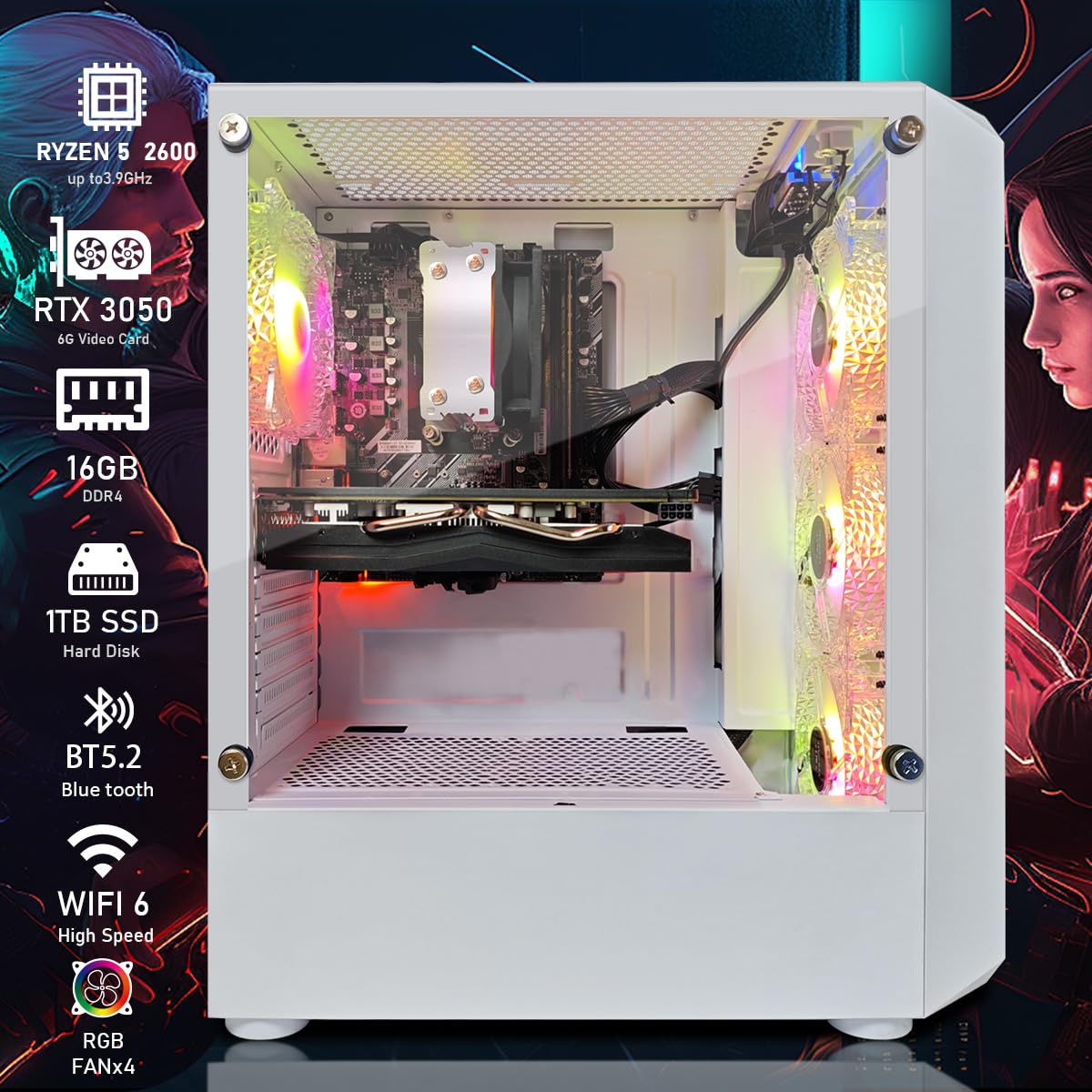 STGAubron Gaming PC Computer Desktop, AMD Ryzen 5 2600 up to 3.9G, GeForce RTX 3050 6G, 16GB DDR4, 1TB SSD, WiFi 6, BT 5.2, RGB Fan x4, Windows 11 Home
