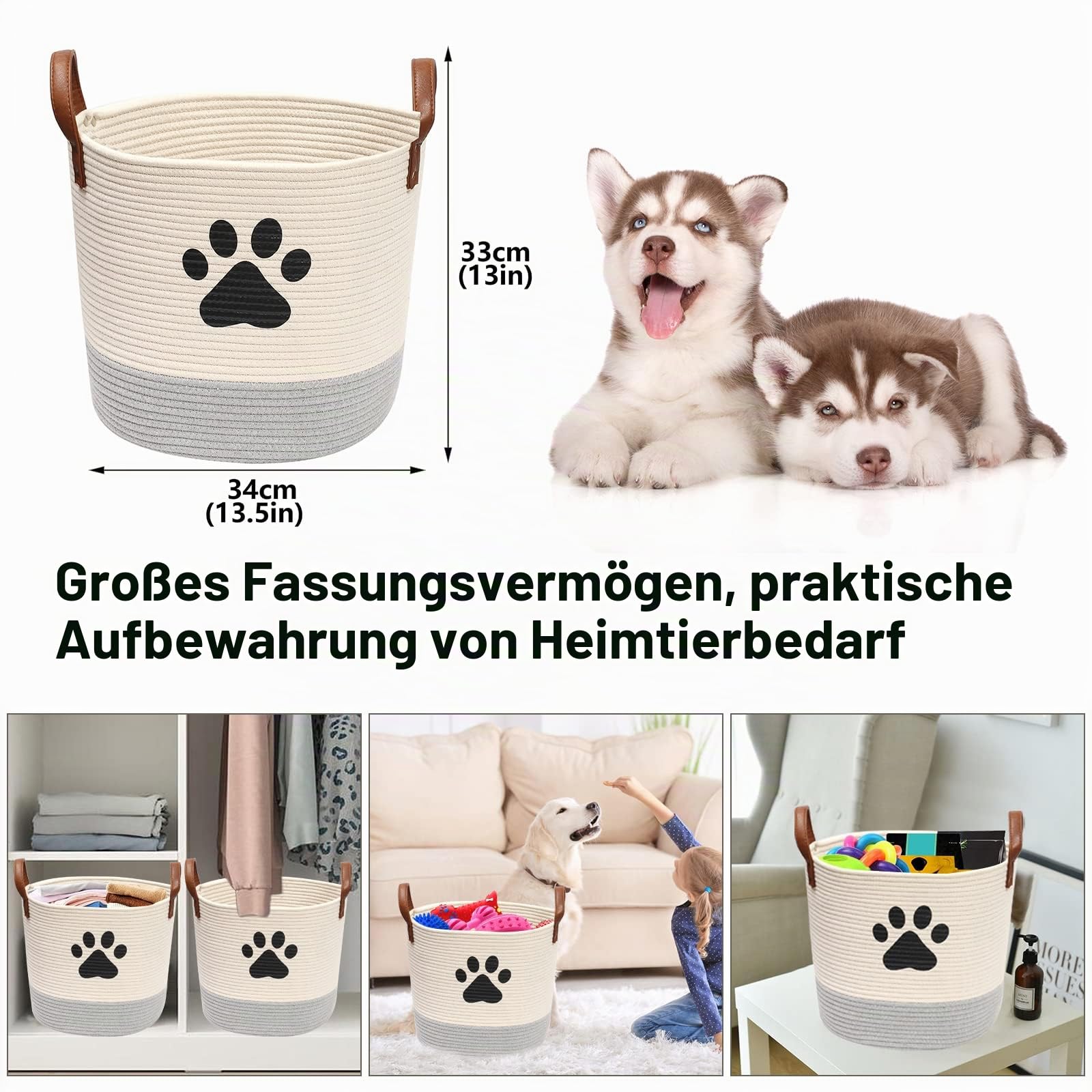 MOREZI Runder Hundespielzeugkorb,aus Baumwollseil,mit Griff, leicht zu bewegen.Geeignet zum Aufbewahren von Haustierbedarf und Haustierspielzeug-Beige Grau