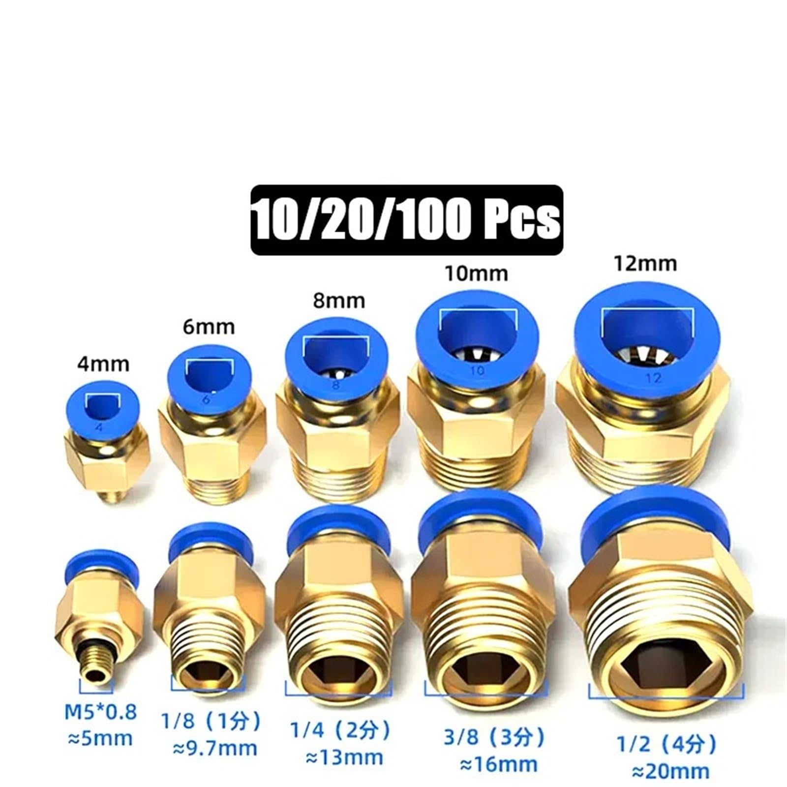 Raccordo pneumatico per PC, 4 mm, 6 mm, 8 mm, 10 mm, 12 mm, 1/4 1/2 1/8 3/8, pressione di spinta 4-M5 6-M5, 100 pezzi (PC12-03)