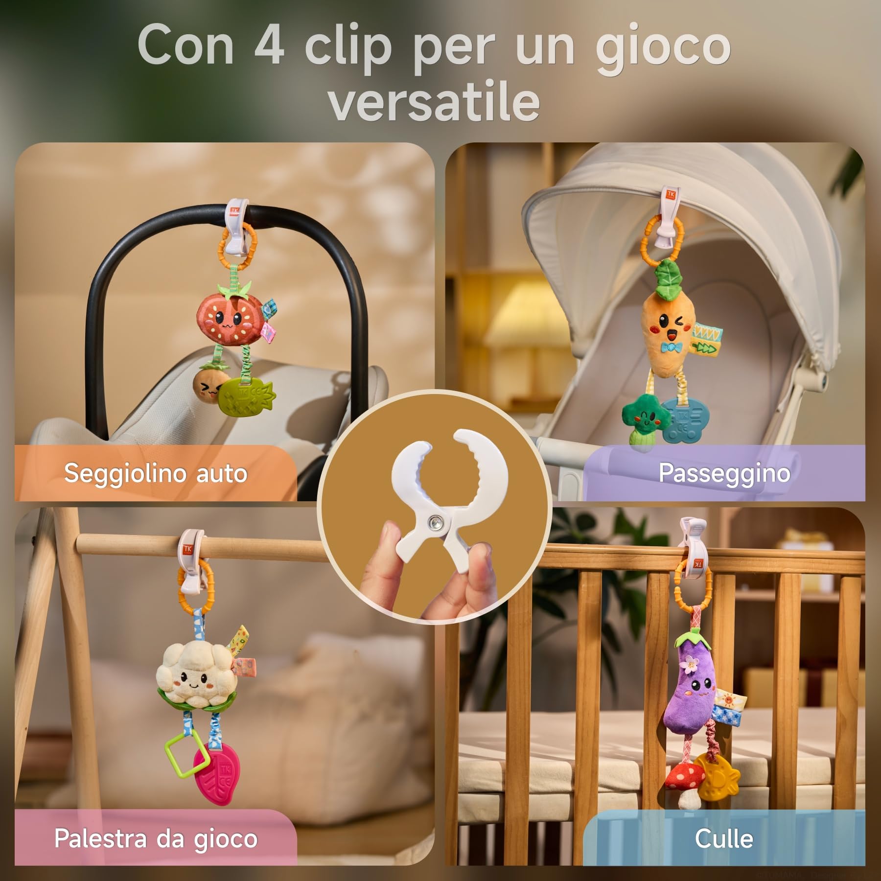 TUMAMA Kids Confezione da 4 Giocattoli Sonagli Sospesi per Bambini, Giocattoli per Neonati da 0 3 6 9 12 Mesi, Giochi per Passeggino, Regalo per Bambini e Bambine