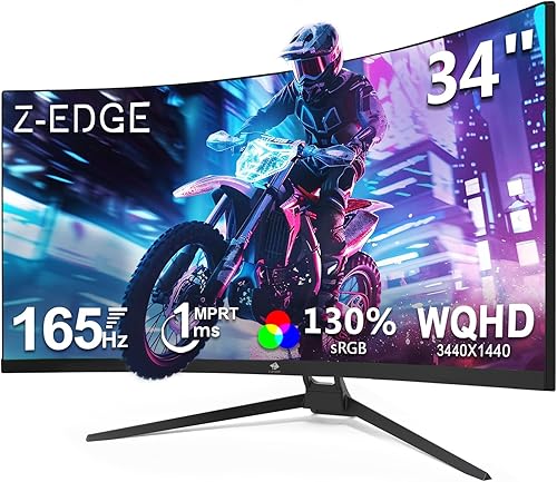 Z-Edge - Monitor curvo para juegos de 34 pulgadas, monitor de PC WQHD 1440P 165Hz 144Hz, MPRT 1ms, relación de aspecto 21:9, 1500R, 16.7M colores,