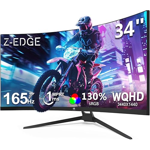 Z-Edge 34" Curved Gaming Monitor, WQHD 1440P 165Hz 144Hz PC Monitor, MPRT 1ms, 21:9 Aspect Ratio, 1500R, 16.7M Colors, 3000:1 Contrast, UG34 Frameless Bezel, 2X DP 1.4 Ports and 2X HDMI 2.0 Port