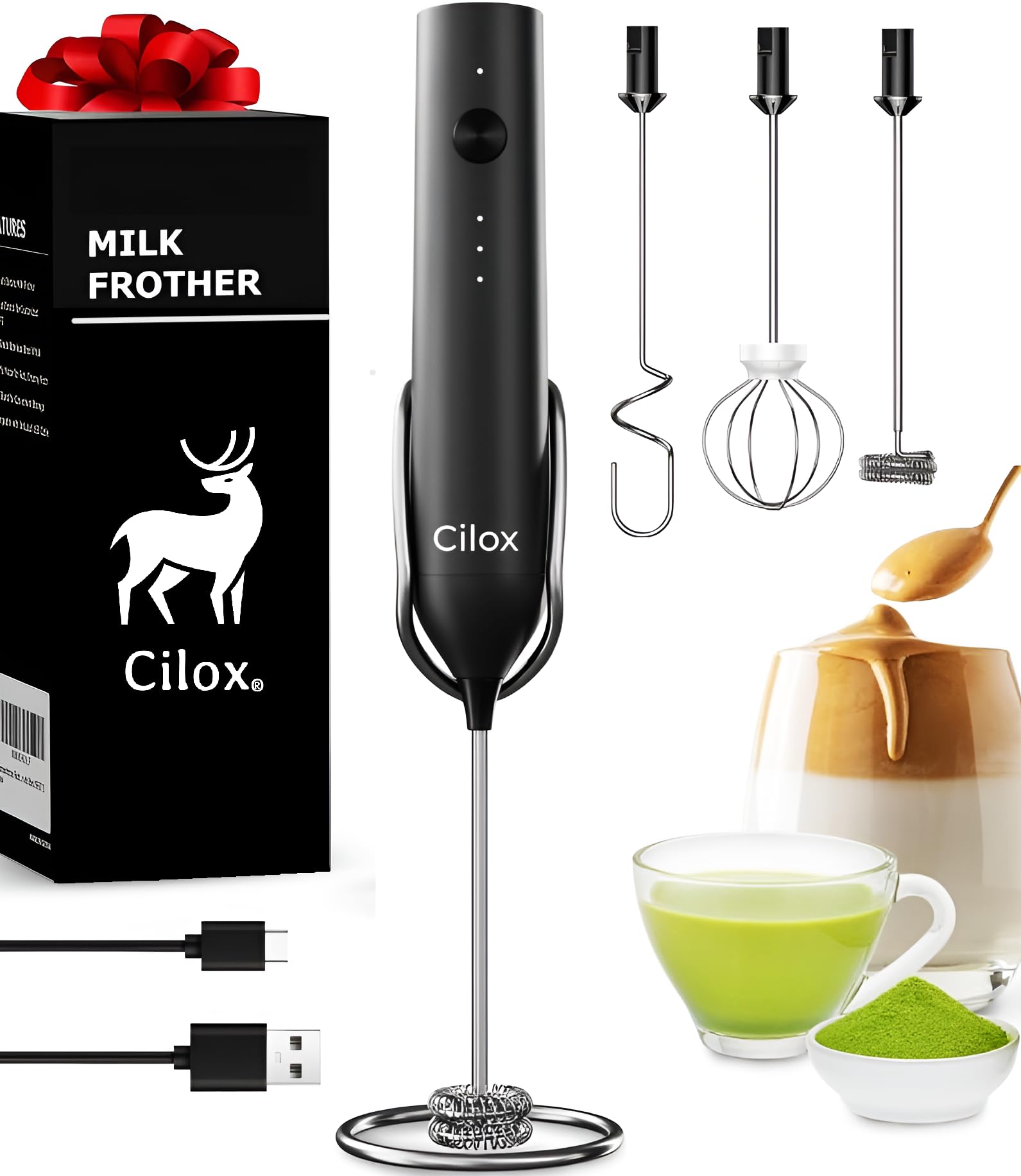 Rechargeable Milk Frother Handheld with 3-Speed &amp; 3 Detachable Stainless Whisks with Stand, Electric Whisk Frother Wand, Mixer Wand for Coffee, Lattes, Cappuccino &amp; Matcha