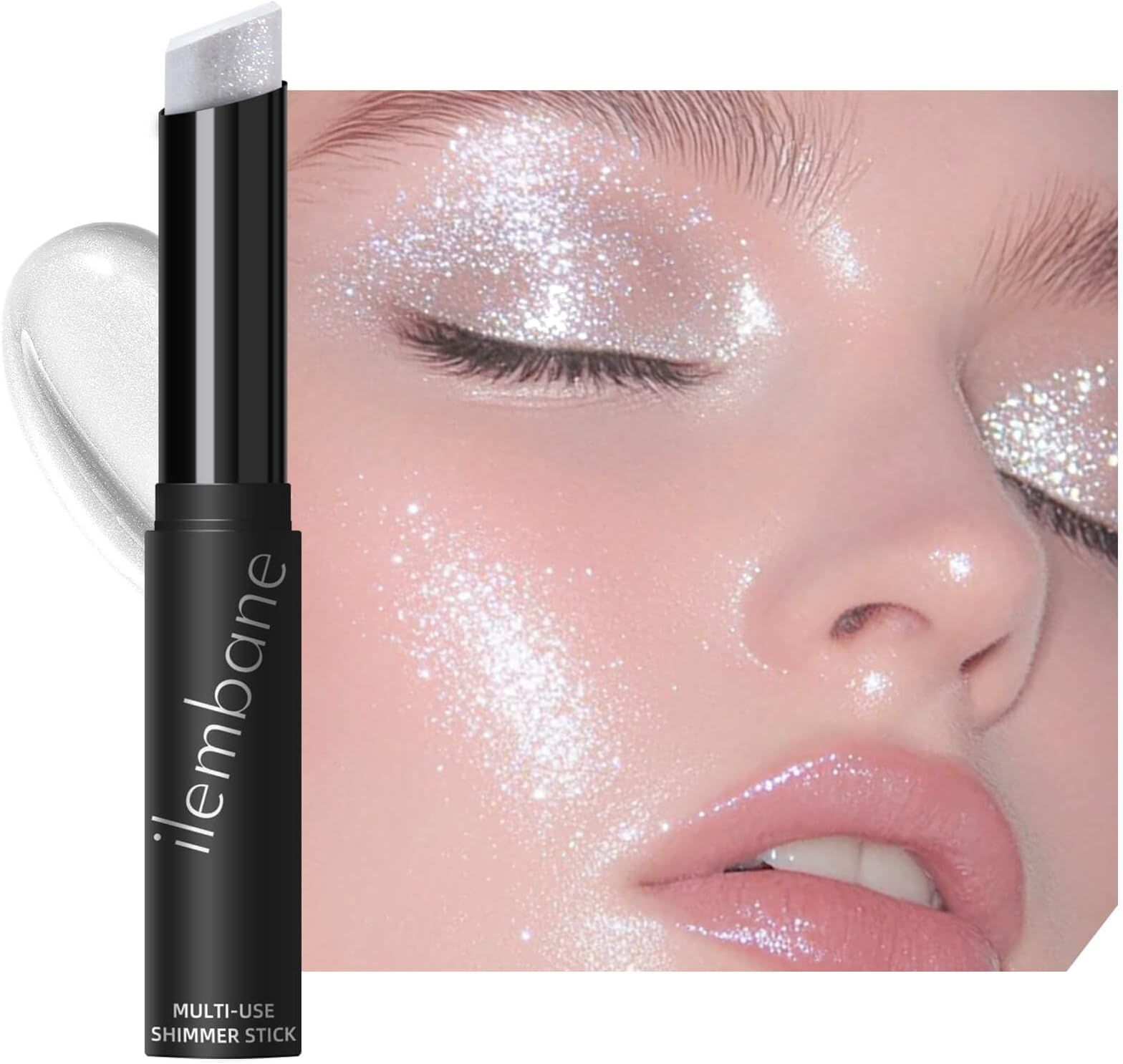 Silver White Shimmer Stick for Eyes, Lips, Face and Body Cream Highlight Eyeshadow, Multi-Use Diamond Like Shine, Moisturizing Formula Sheer Finish (Frost Beam)