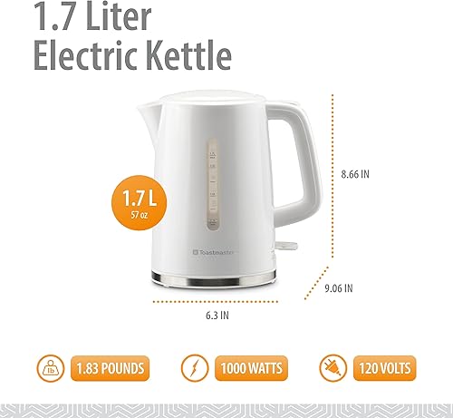Miniatura 2 de Toastmaster Hervidor eléctrico de 1.7 litros, hervidor de té y café, calentador de agua eléctrico, calentador de agua inalámbrico, caldera de agua