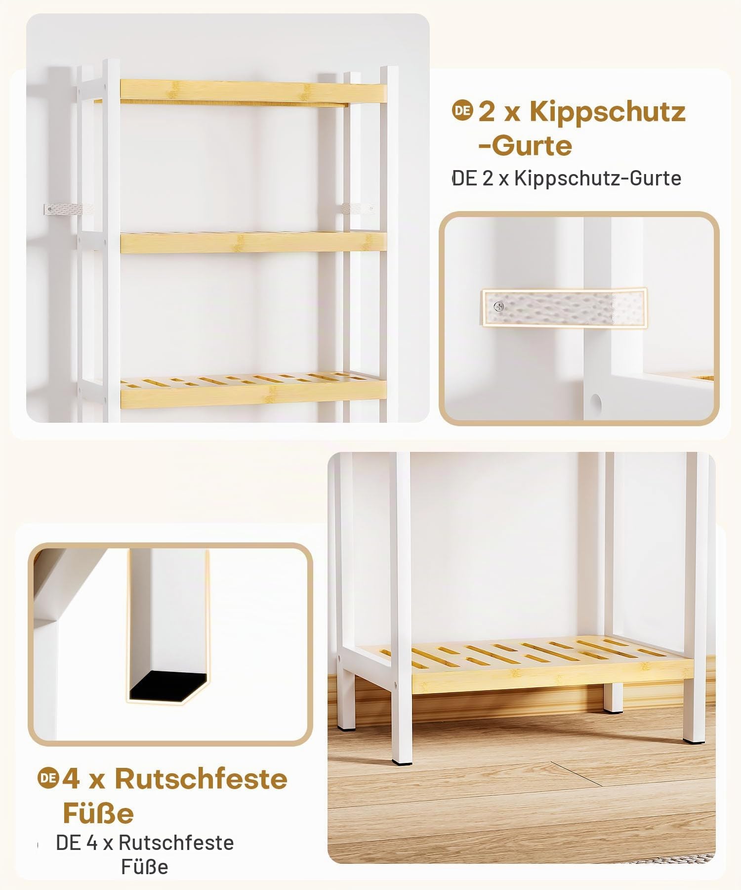 Yorbay 7 Ebenen Bambus Regal: Badregal Standregal Schmal mit Kippsicherung | 110kg Gesamttragkraft Platzsparendes Küchenregal für Schmalen Raum - Stabiles Bambusregal Weiß für Flur Balkon-Pflanzenregal