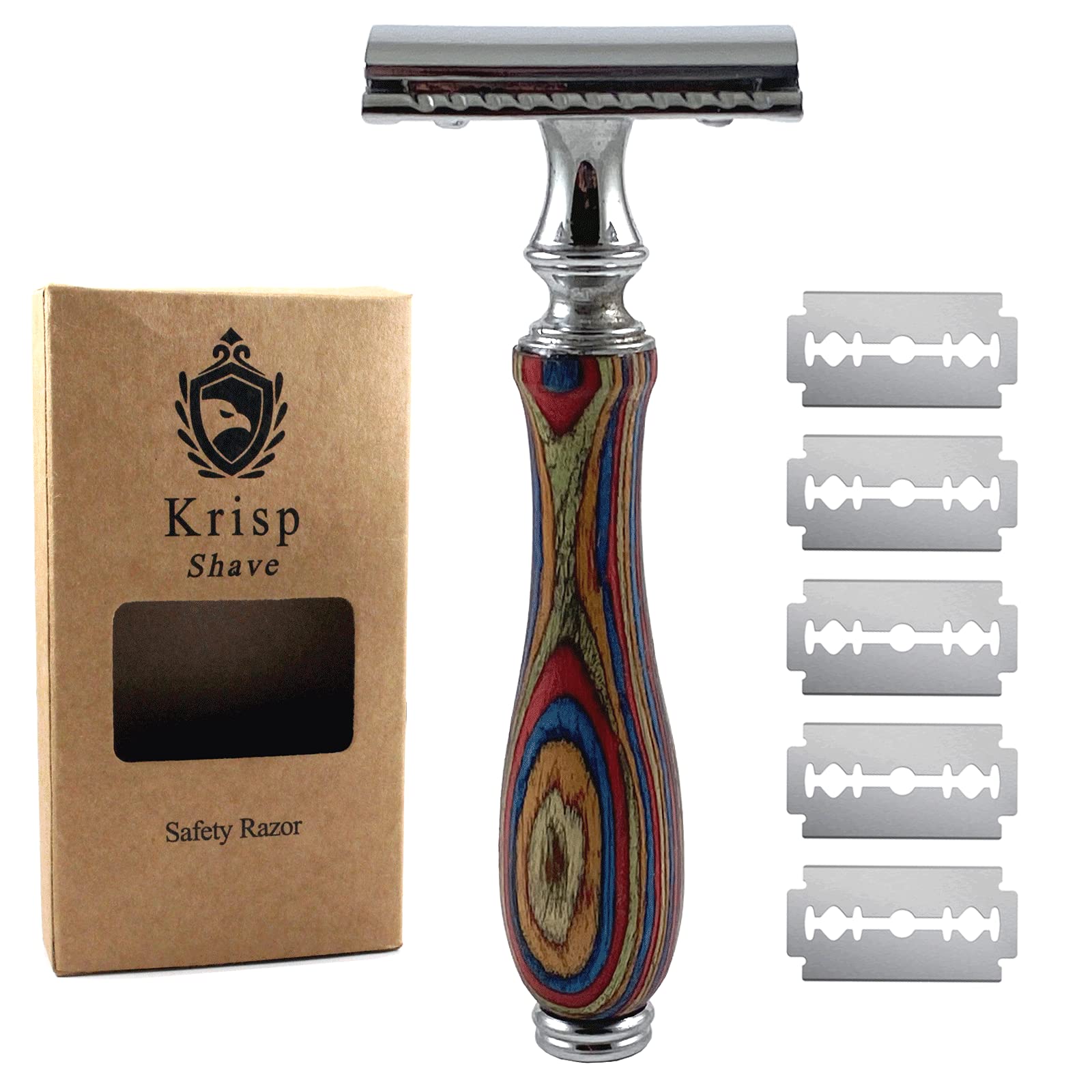 Krisp Shave Long Wood Handle Safety Razor for Men Women - Double Edge Manual Razor - Fits All Double Edge Razor Blade - Comes With 5 Shaving Blades,