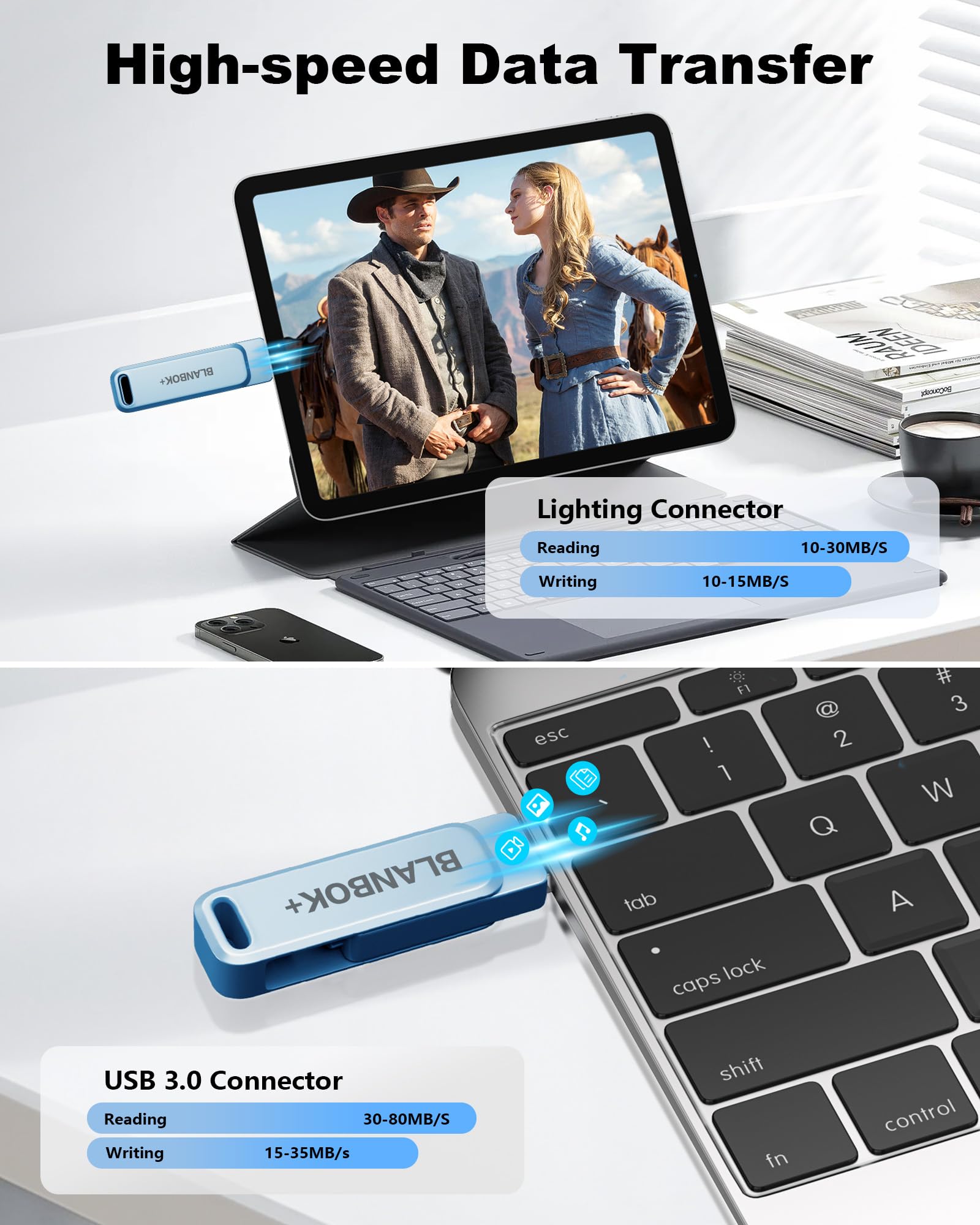 Memoria flash 3 in 1 certificata MFi per iPhone, chiavetta USB, trasferimento foto, unità di archiviazione per iPhone/iPad/Android/PC (blu, 512 GB)