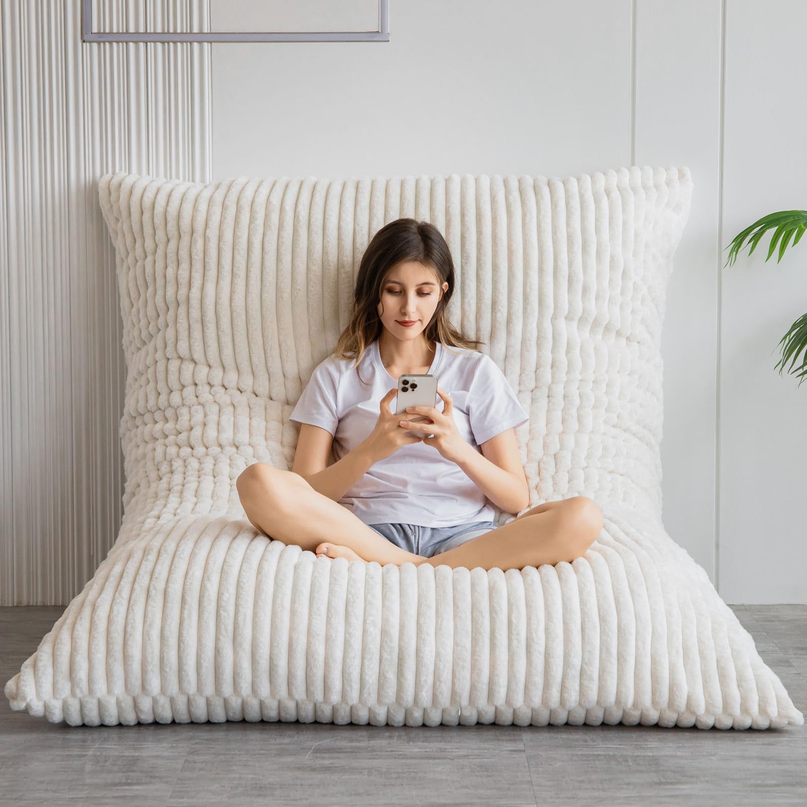 MAXYOYO Bean Bag Chairs, Bean Bag Bed for Adults High-Density Foam Filling, Convertible Sofa Bed Faux Fur, Giant Bean Bag Chairs for Adults (Beige, 150x200 cm)