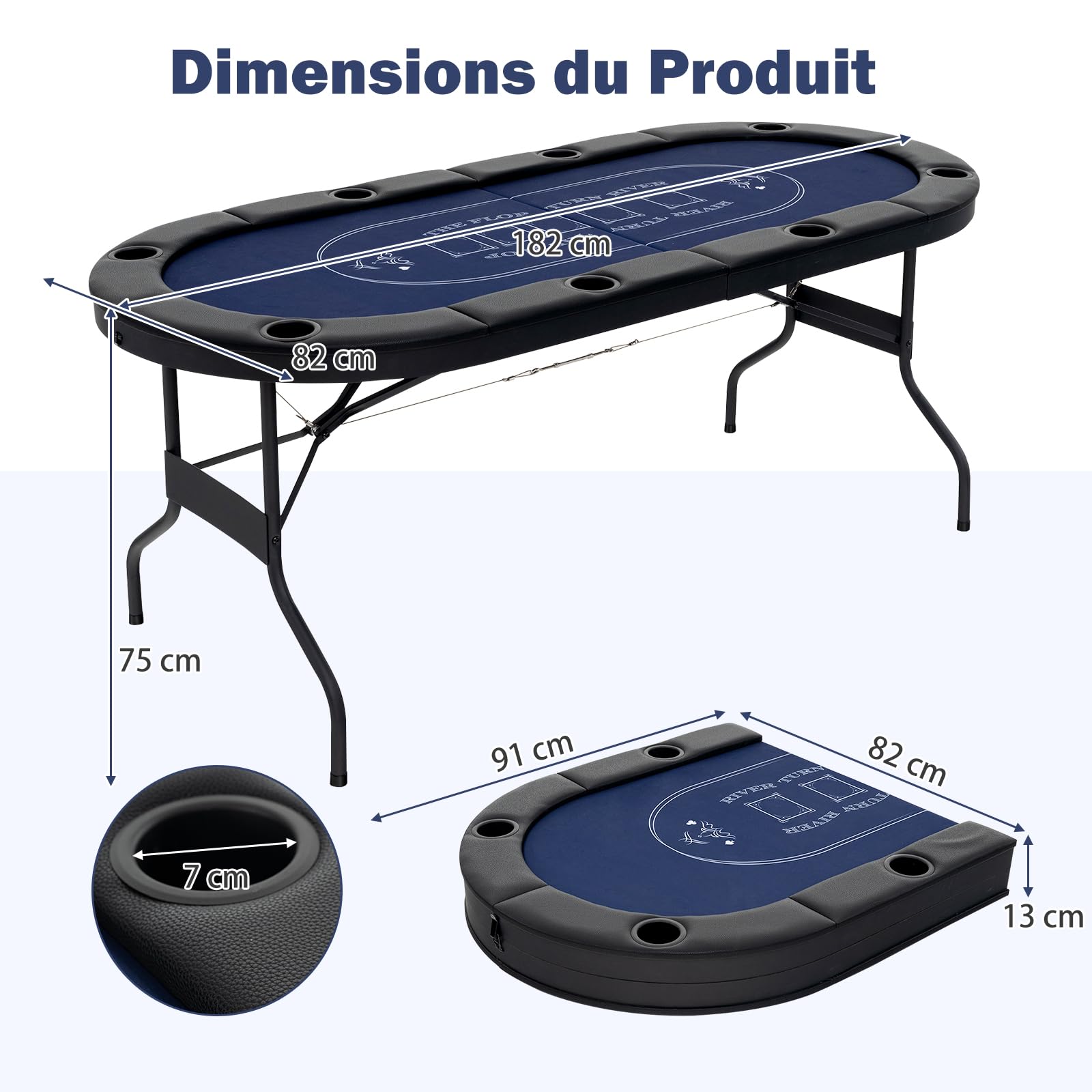 GOPLUS Table de Poker Pliable 8 Joueurs, Table de Jeu de Société 182 cm, 8 Porte-gobelets en Métal, Rampes Rembourrées, Table de Blackjack Texas Hold'em, pour Soirée en Famille (Bleu)