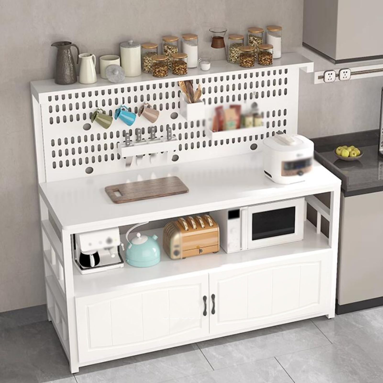 ISCBAFYX Isola Cucina Bianca con Portaoggetti e Ripiano Portaoggetti, Scaffale da Fornaio con Pannello Posteriore Traforato e Piano Bar per la Preparazione degli Alimenti, 80x50x140 cm