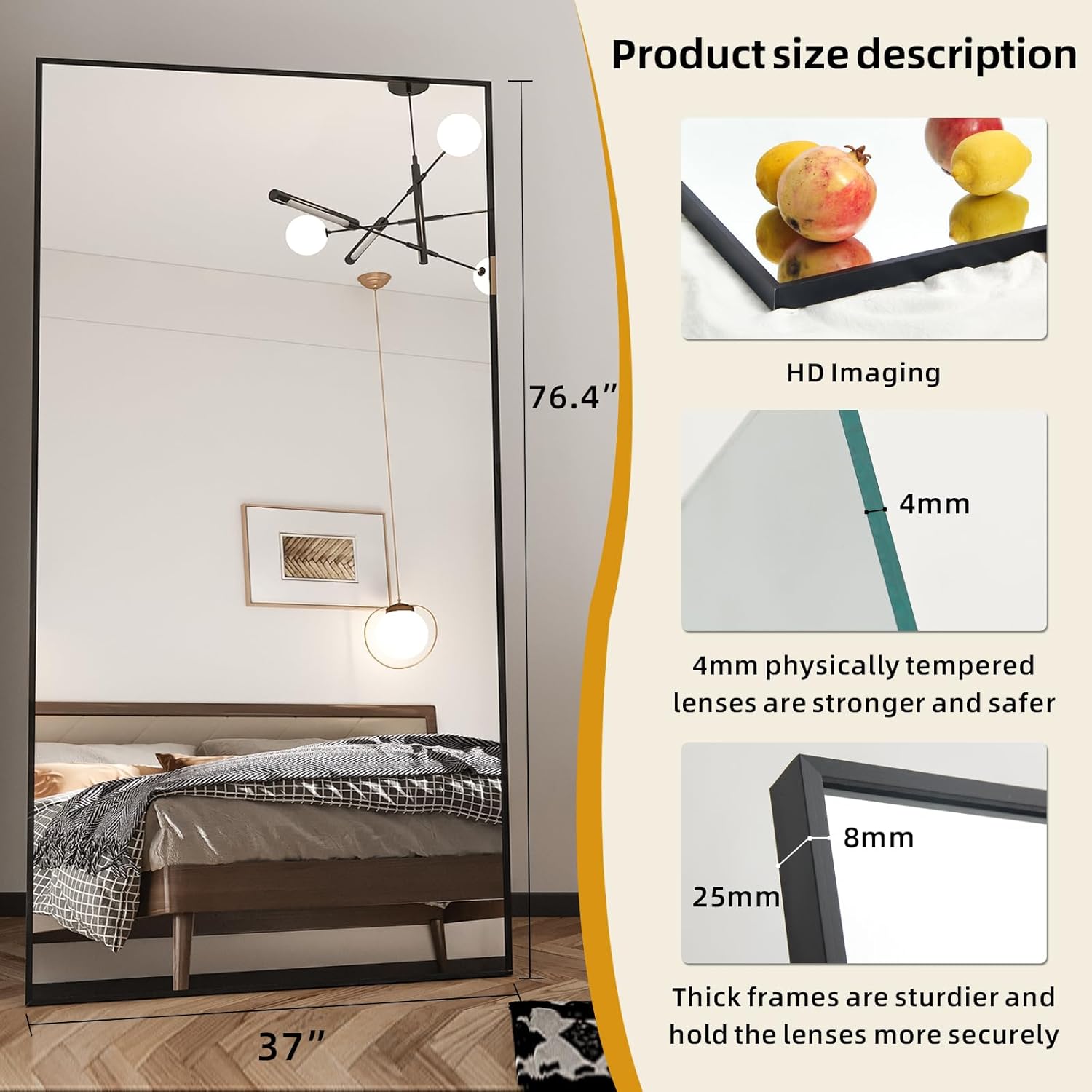 Beauty4U 76" x 37" Full Length Mirror with Stand, Black Floor & Wall Mounted Mirror, Large HD Tempered Glass Full Body Mirror for Bedroom, Dressing Room, Living Room, Entryway