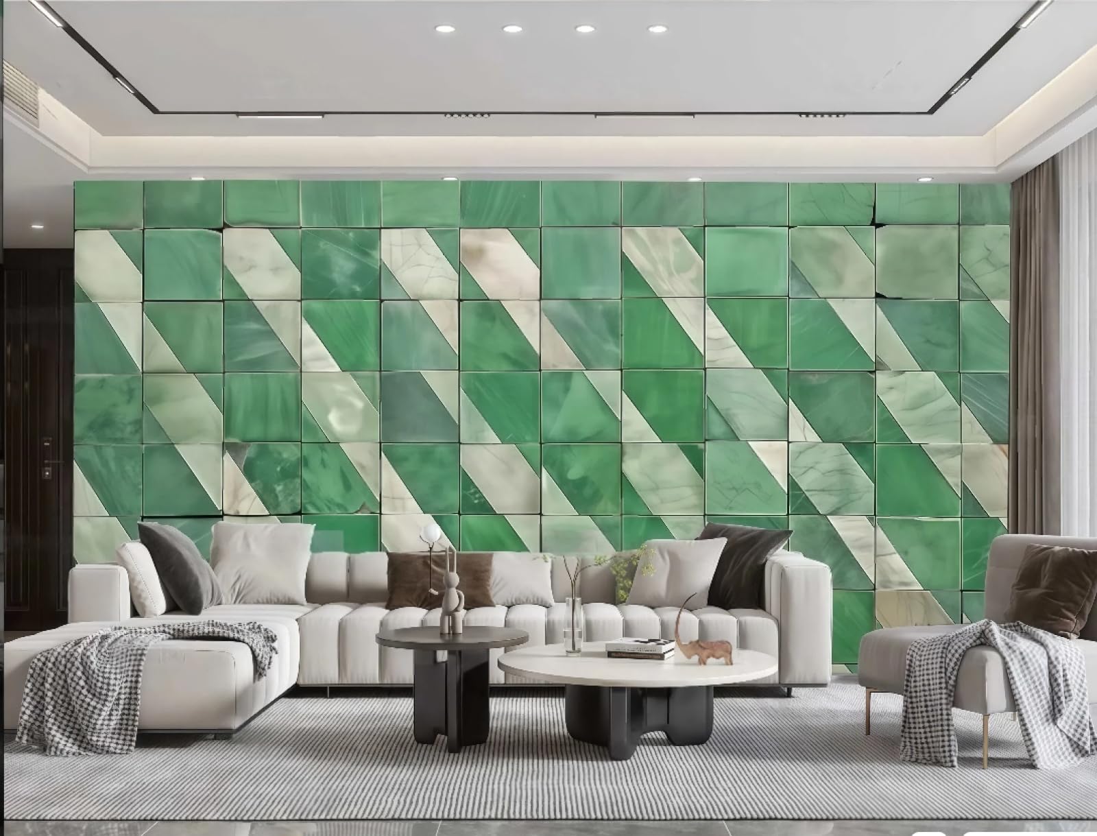 Tapeta nowoczesne proste zielone i białe kwadratowe łączenie reliefowe malarstwo skała telewizor sofa tło fototapeta ścienna salon restauracja kawiarnia, 3D, 250 x 175 cm