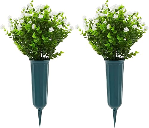Flores artificiales blancas para cementerio con 2 jarrones de cono, ramos pequeños para decoración de tumbas (8.6 x 13 pulgadas, 6 paquetes)