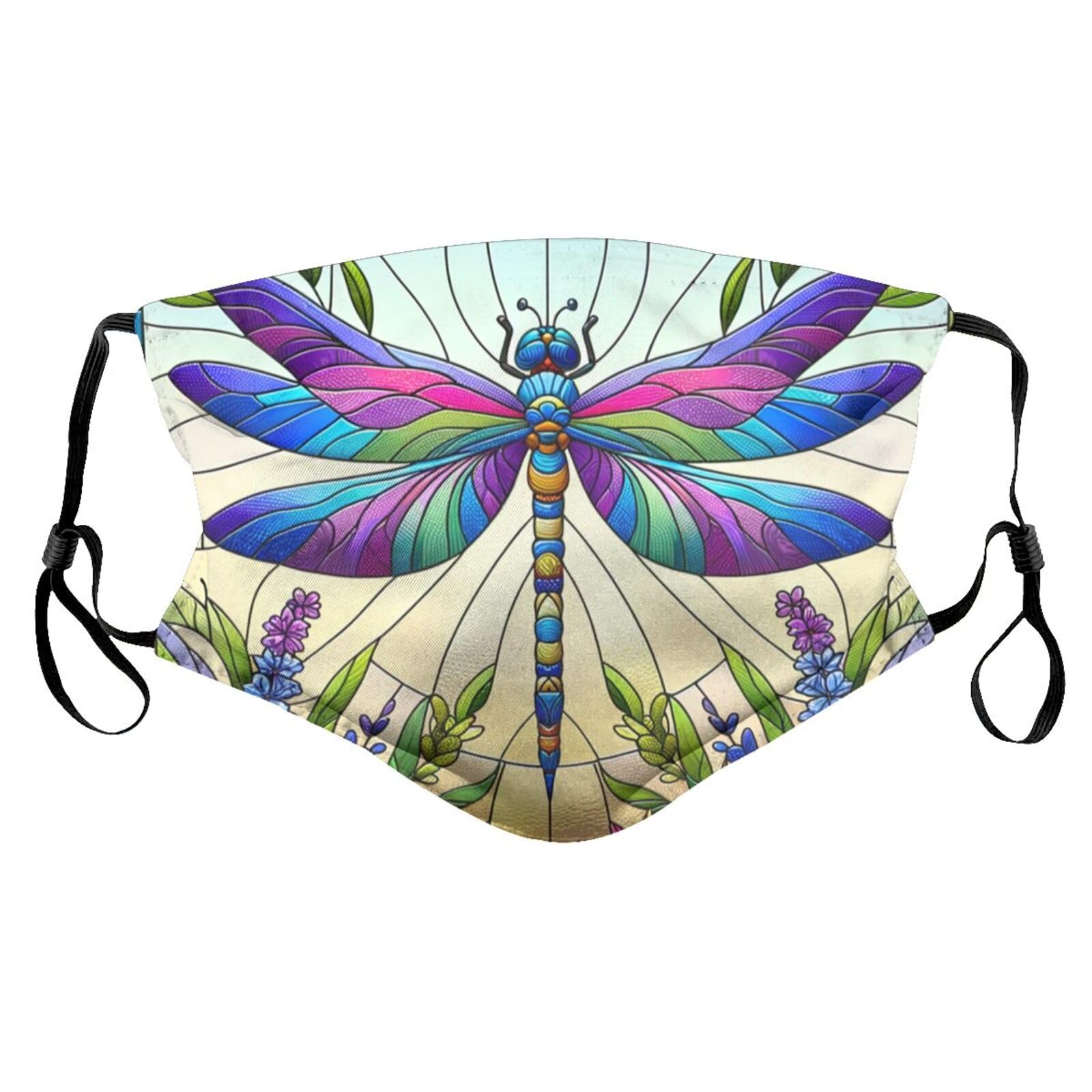 Reusable Cloth Face Masks with 2 Filters Colorful-Dragonfly-Floral Washable Face Covering Medium