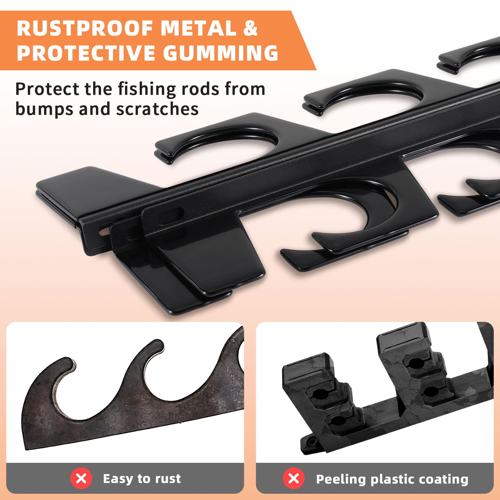 Roylvan Fishing Rod Pole Holders, Wall or Ceiling Mounted Metal Fish Rod Rack with Protective Layers, 2 Set Horizontal Fishing Pole Storage Organizer Holds Up to 10 Rods, Fishing Gifts for Men, Black