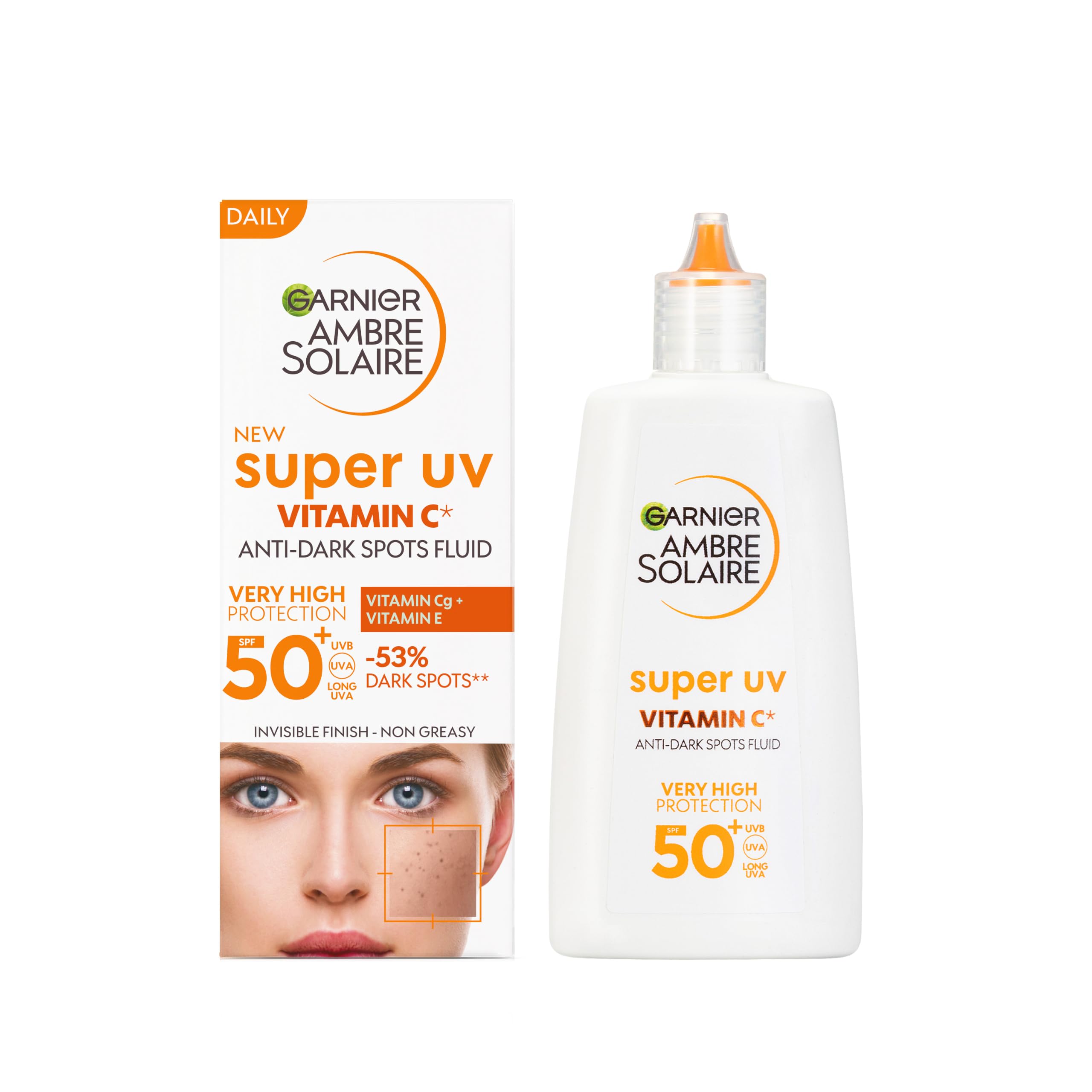 Garnier Ambre Solaire Sun Cream Super UV Vitamin Cg Facial Fluid for Daily Use, Very High UV Protection SPF50+, Reduces the appearance of Dark Spots, Boosts Skin Glow, Cruelty Free 40ml
