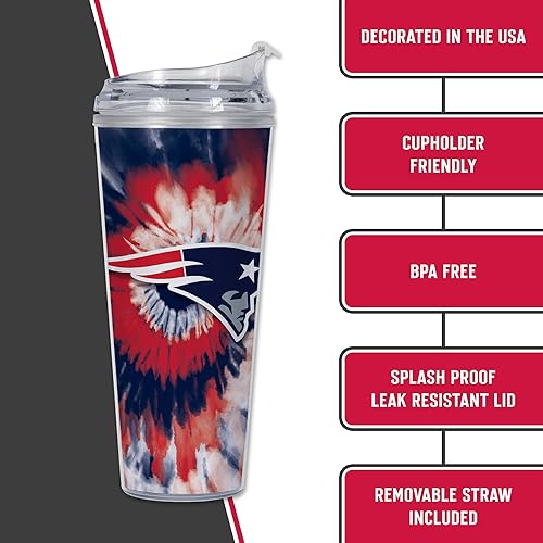 Miniatura 370 de Rico Industries NFL - Vaso de purpurina acrílica de 24 onzas con tapa con bisagras, vaso de doble pared con licencia oficial y popote Tie Dye