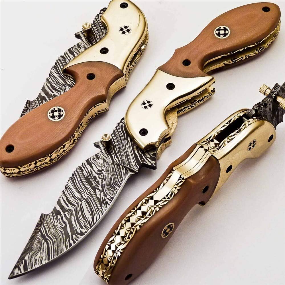 Rare Custom Damascus Pocket Knife Skinning Knife | Best Outdoor Knife | Macerata Handle With Free Genuine Leather Sheath (F-50)