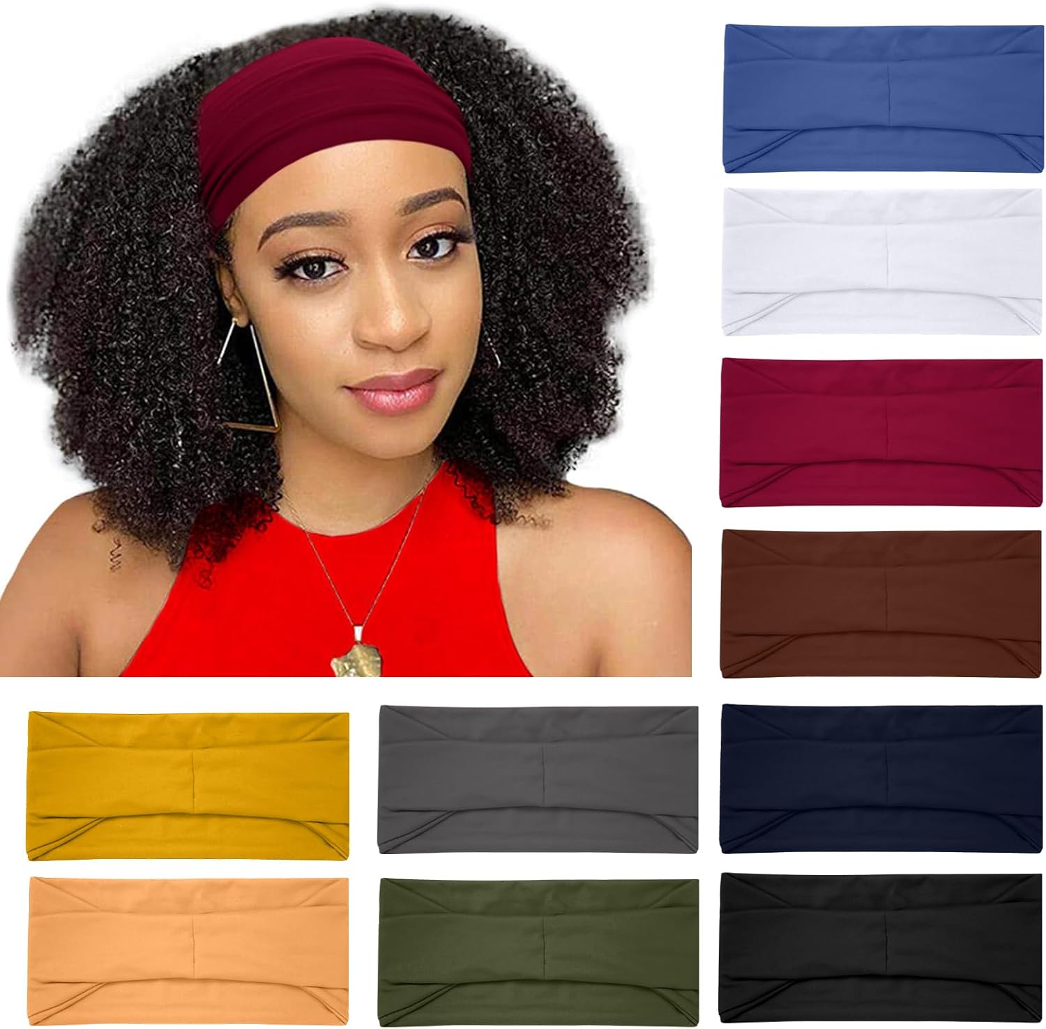 RITOPER 10-Pack Wide Non-Slip Headbands for Women - Yoga Workout Running Sweatbands, Thick Stretchy Boho Hair Bands