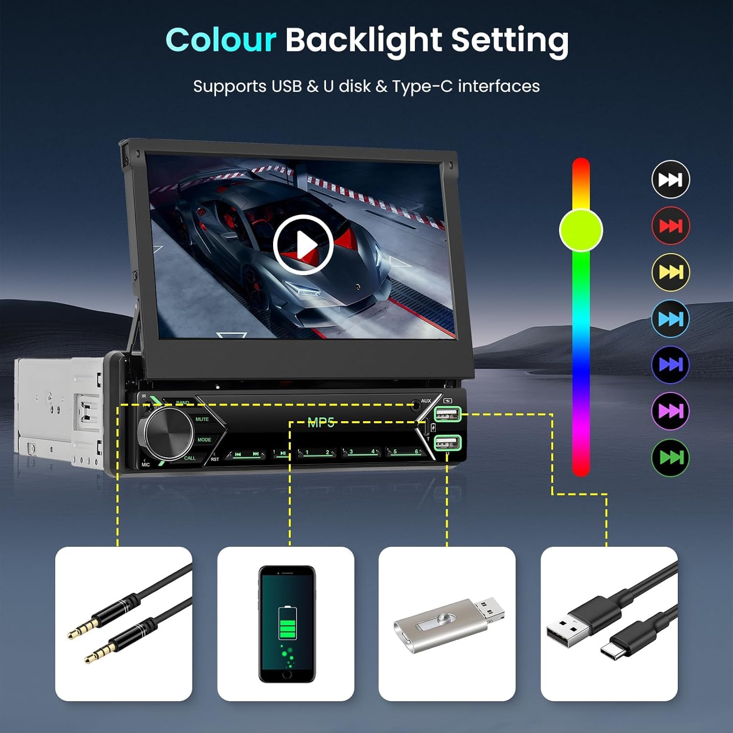 Hodozzy Android 1 DIN met Uitschuifbare Flip Out Scherm met Draadloze Carplay Android Auto, Mirror Link, GPS Navi,SWC,7 Inch HD Touchscreen MP5-speler,WiFi, USB/AUX/EQ/RDS/FM Achteruitrijcamera