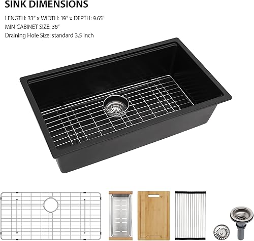 Miniatura 8 de Lordear Fregadero de cocina negro de 33 pulgadas, fregadero de cocina compuesto de granito de 33 x 19 pulgadas, compuesto de cuarzo, negro profundo,