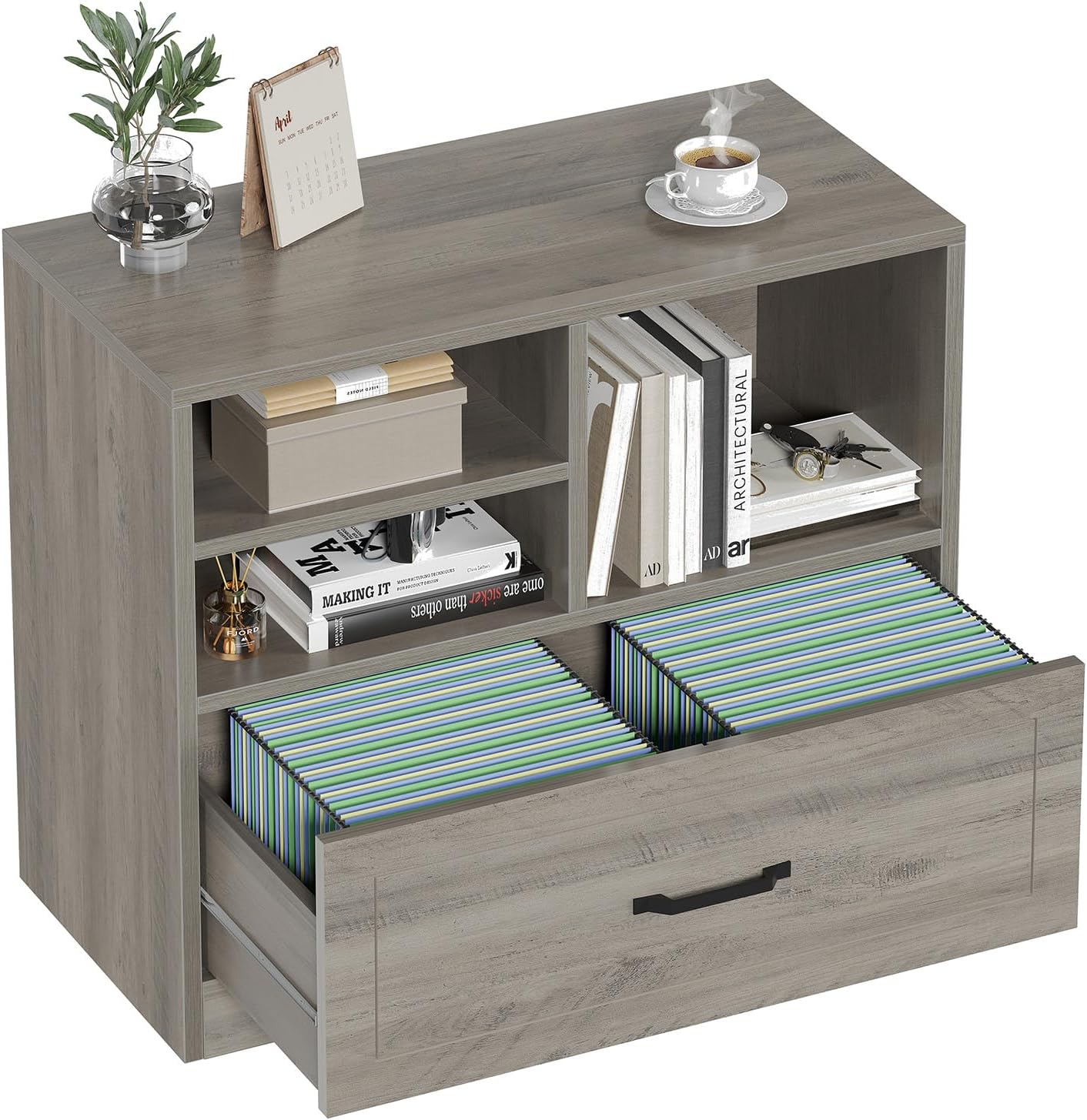 LVB Lateral Wood File Cabinet with Drawer, Farmhouse Printer Filing Cabinet with Storage for Legal Letter A4, Wooden Printer Stand with Hanging File Organizer Shelves for Home Office, 32.7 in, Greige