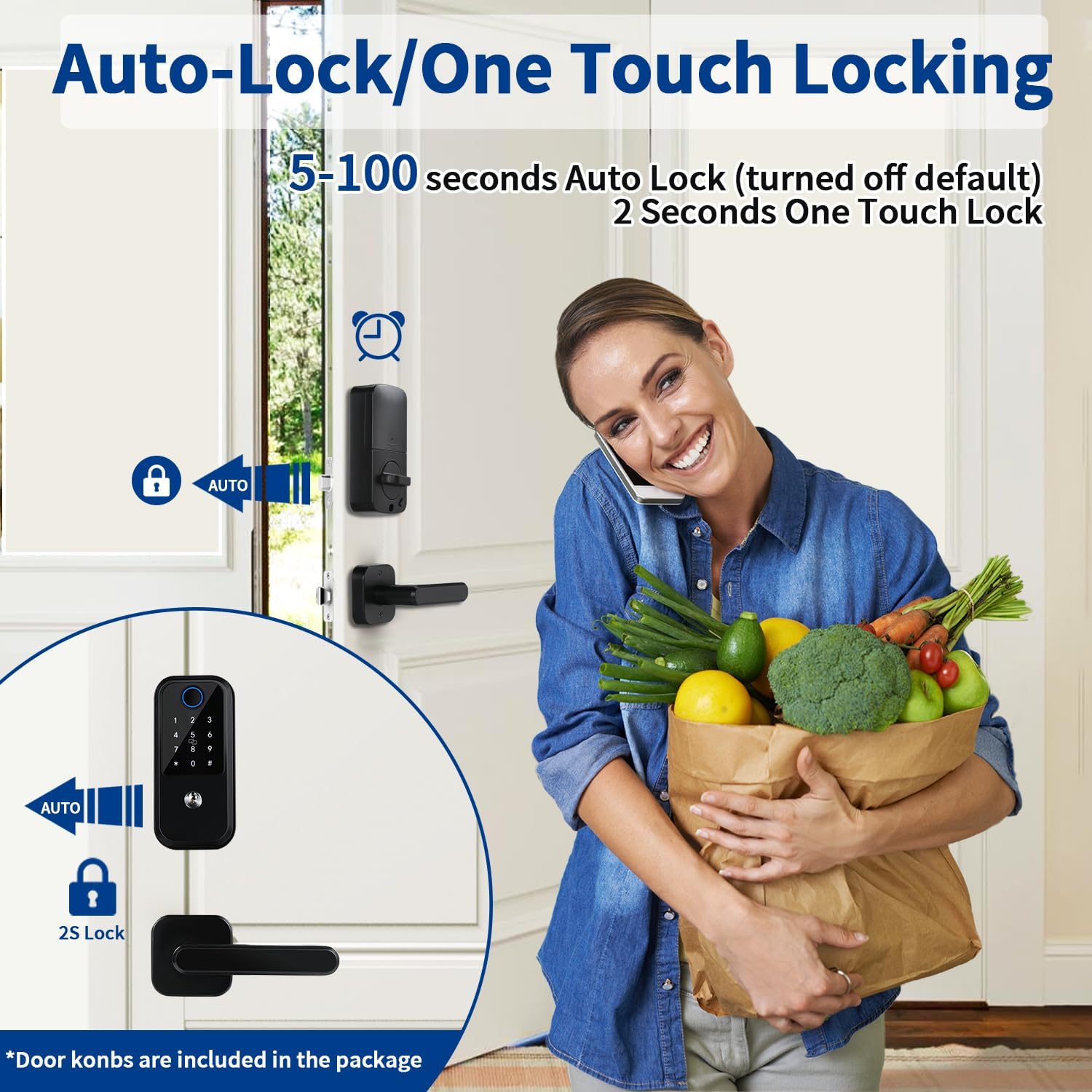 Image showing a person entering their home with groceries, demonstrating the auto-lock and one-touch locking features of the smart lock.