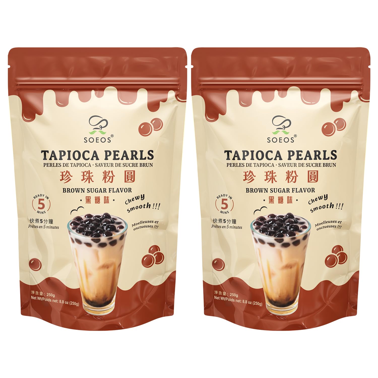 Soeos Boba Pearls, Black Tapioca Pearls 8.8 oz (Pack of 2), Black Sugar Flavor Boba Pearls for Bubble Tea, Smoothies & Desserts – Sweet, Chewy, and Ready to Cook