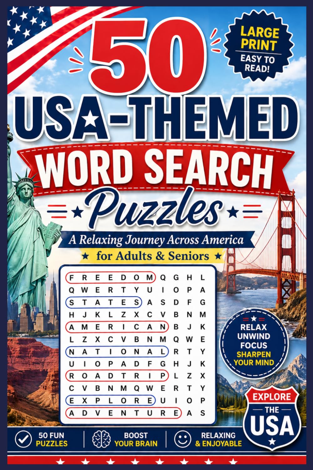 50 USA-Themed Word Search Puzzles: A Relaxing Journey Across America for Adults & Seniors: Fun and Easy Word Search Games for Relaxation and Brain Exercise