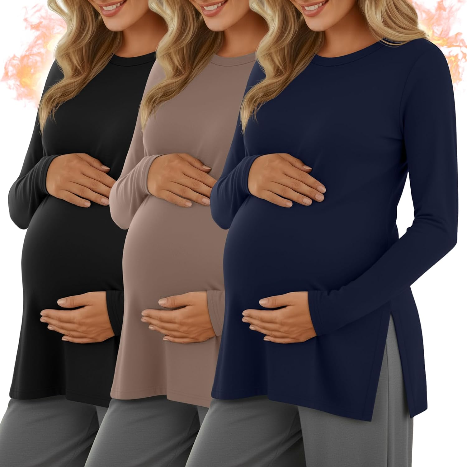 Riyiper 3 Pack Women's Maternity Shirts Split Side Crew Neck Pregnancy Lounge Tee Tops Long Sleeve Loose Fit Pajamas Clothes