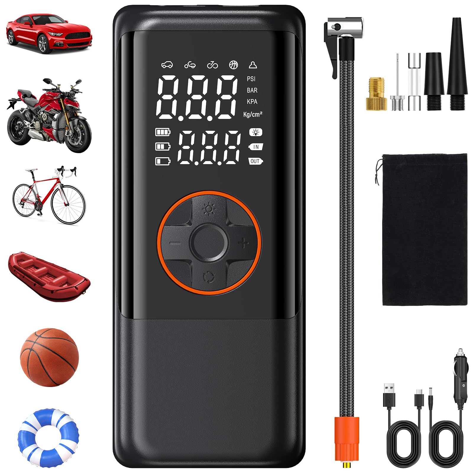 Compressore Aria Portatile per Pneumatici 150 PSI 7.4V – Pompa Gonfiaggio Senza Fili con Doppio Display Digitale, Batteria 2000mAh×2,Preimpostazione Pressione per Auto Moto Bicicletta Emergenza
