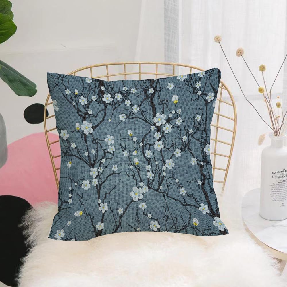 HYMSXW Cushion Cover,Throw Pillow Case Home Decorative for Living Room Bedroom Sofa Chair 20X20 Inch,Flowers, sparse branches of white flowers on gray and blue background,Pillowcase 50X50cm