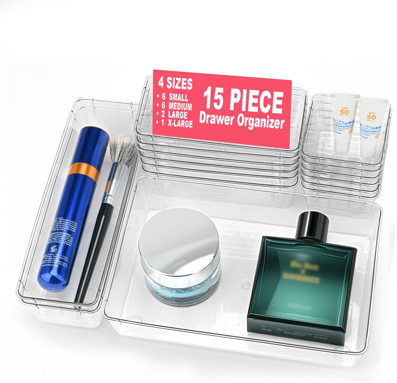 Clear plastic drawer organizers in 4 sizes for various items