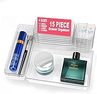 Comfylichi 15-Piece Clear Plastic Drawer Organizers Set - 4 Sizes Stackable Bins for Bathroom, Kitchen, Makeup, Jewelry & Utensils