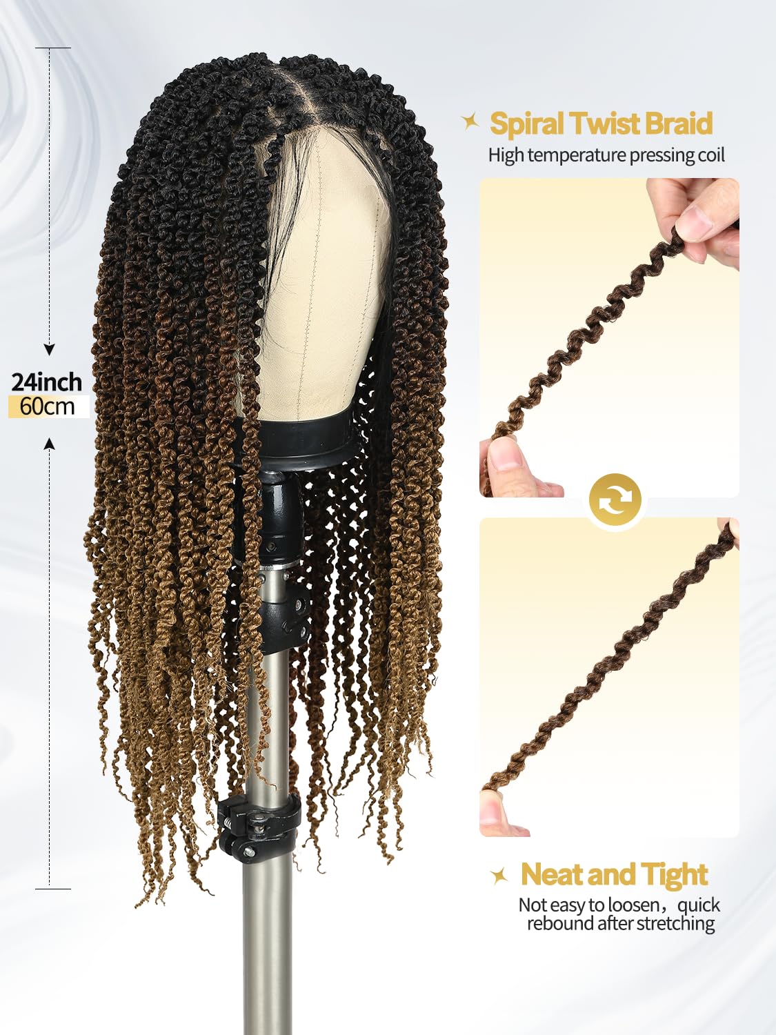 WIGER Full Double Lace Braided Wigs Two Twist Braid Curly Wig Glueless Synthetic Spiral Coiled Braid Wigs Pre Plucked with Baby Hair Ombre Brown to Blonde Knotless Braided Wig for Black Women