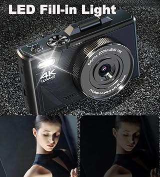4K Digital Camera, 64MP High Resolution Digital Camera with 3” Flip Screen, WQV Small Vlogging Camera for YouTube, Photography and Video, 18X Digital Zoom, TF Card, for Gift (Black)