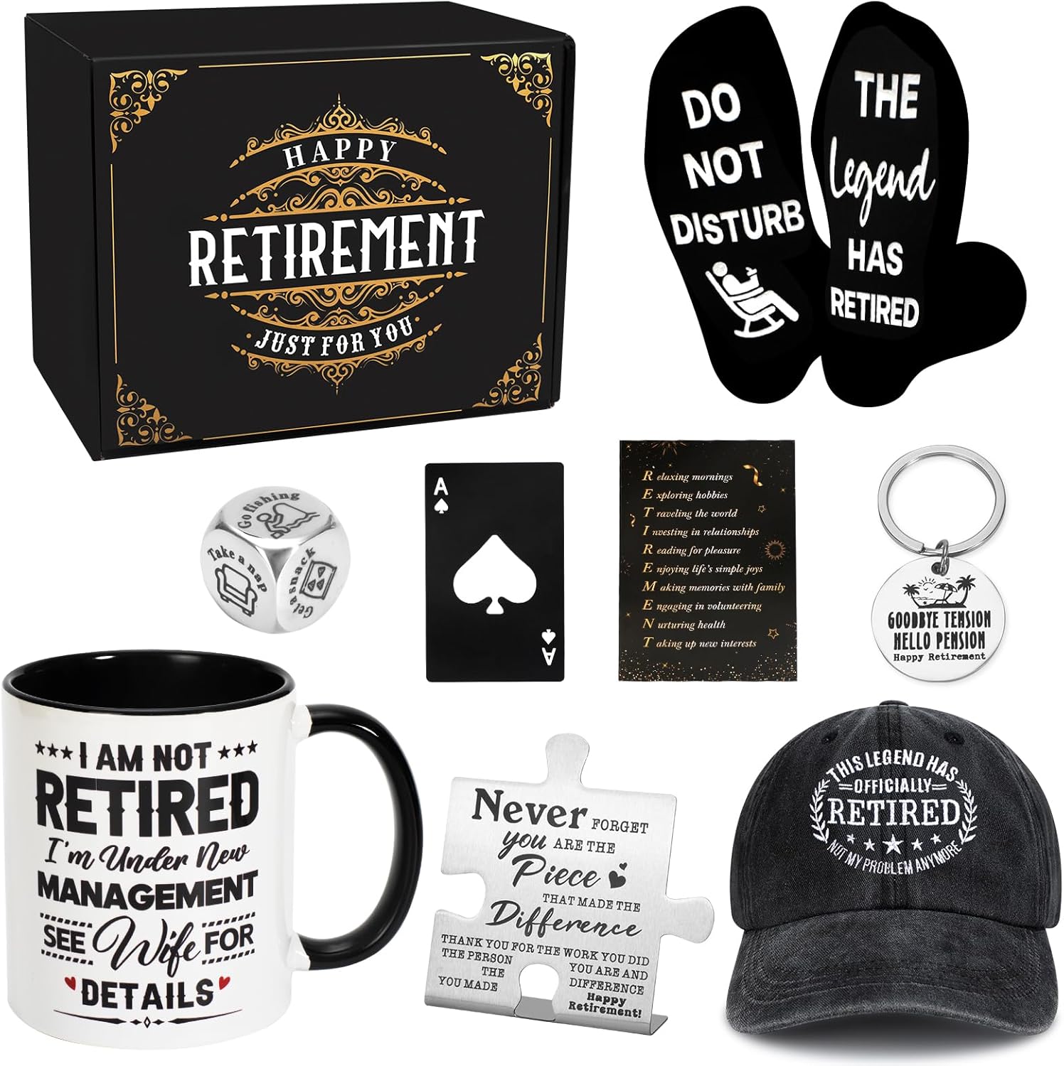 8 Pcs Retirement Gifts for Men 2026, The Legend has Retired Gift Ideas for Man Includes 11Oz Mug Cup Baseball Cap Socks Plaque Dice Keychain, Happy Retirement Gifts for Dad, Coworker, Boss, Teachers